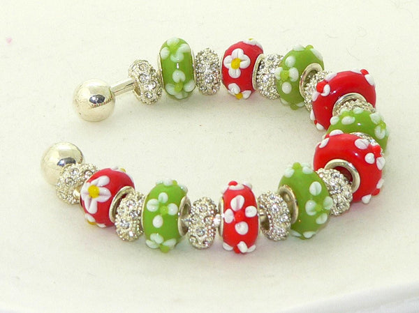 Festive Christmas Red Light Green European Bracelet with Floral Lampwork Beads