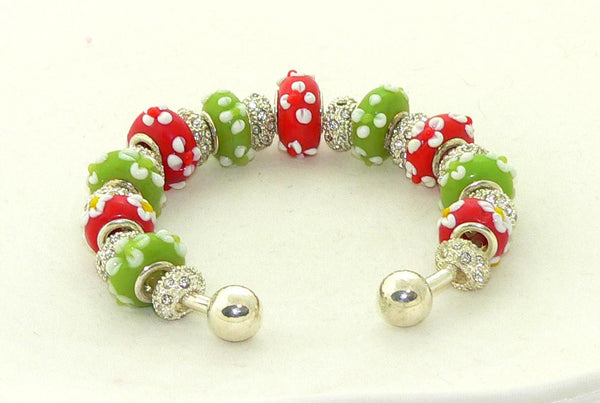 Festive Christmas Red Light Green European Bracelet with Floral Lampwork Beads