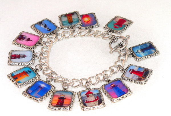 Vintage Art Lighthouse Bracelet with Unique Beach Charms Altered Art Lighthouse Bracelet