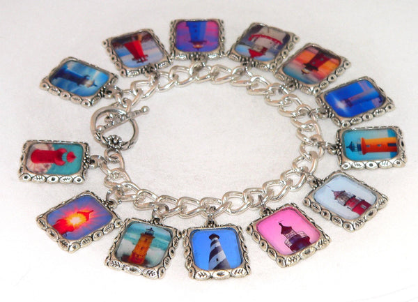Vintage Art Lighthouse Bracelet with Unique Beach Charms Altered Art Lighthouse Bracelet