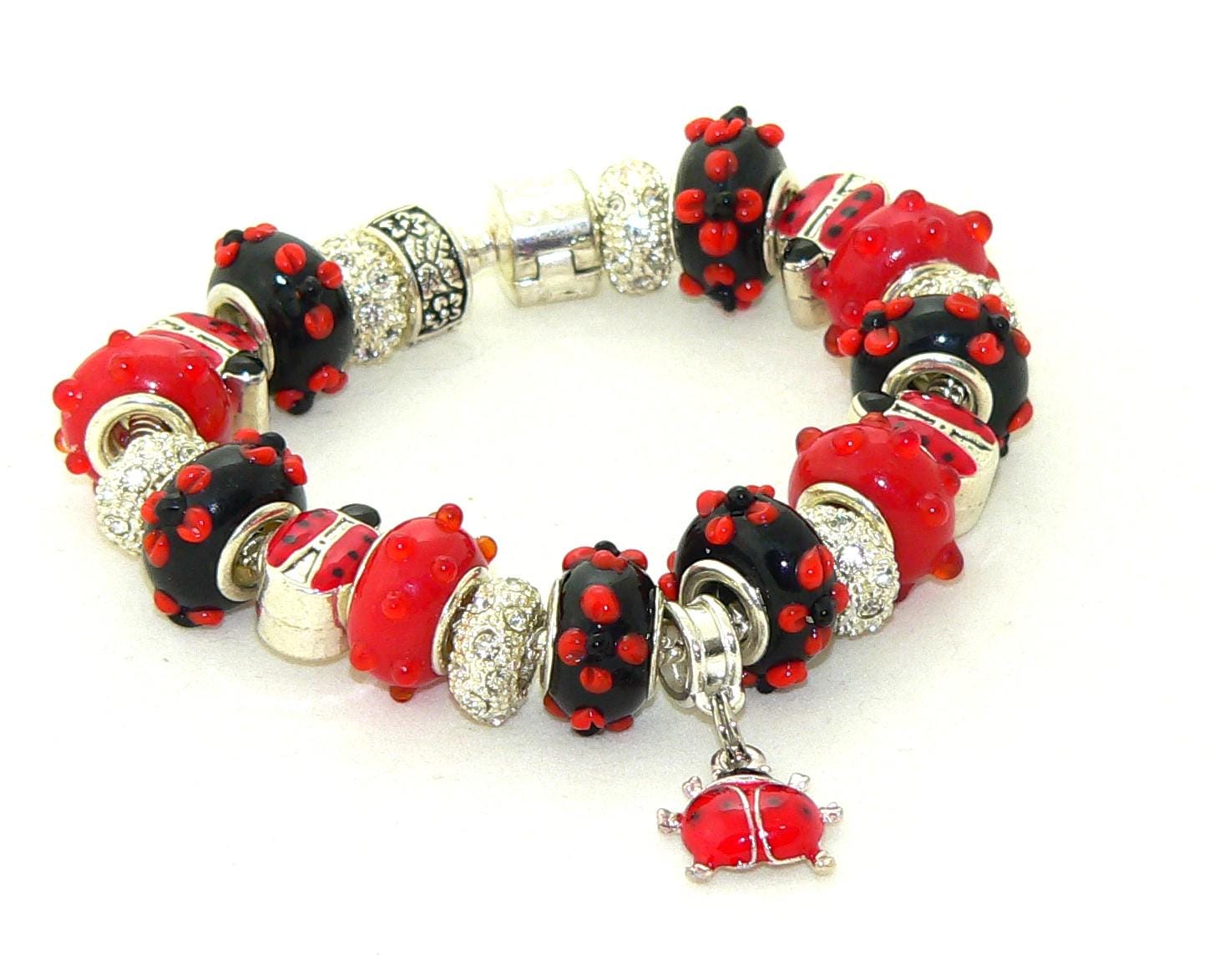 Handmade Red Black Murano Glass Ladybug Bracelet Jewelry Gift