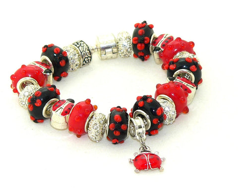 Handmade Red Black Murano Glass Ladybug Bracelet Jewelry Gift