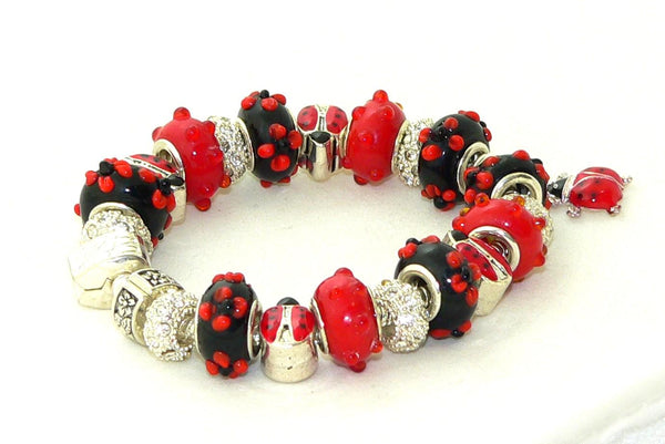 Handmade Red Black Murano Glass Ladybug Bracelet Jewelry Gift