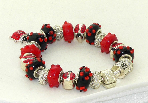 Handmade Red Black Murano Glass Ladybug Bracelet Jewelry Gift