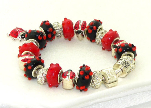 Handmade Red Black Murano Glass Ladybug Bracelet Jewelry Gift