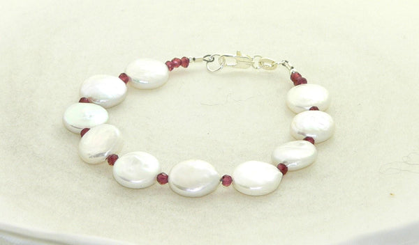 Unique Freshwater Coin Pearl and Garnet Bracelet for Christmas