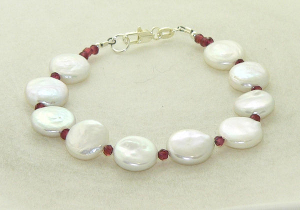 Unique Freshwater Coin Pearl and Garnet Bracelet for Christmas