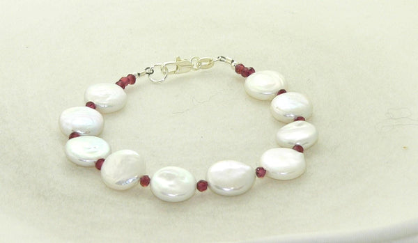 Unique Freshwater Coin Pearl and Garnet Bracelet for Christmas