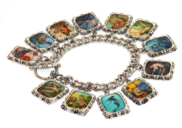 Vintage Mermaid Charm Bracelet with Artisan Deco Art Mermaid Altered Art Bracelet Mermaid Gifts For Her