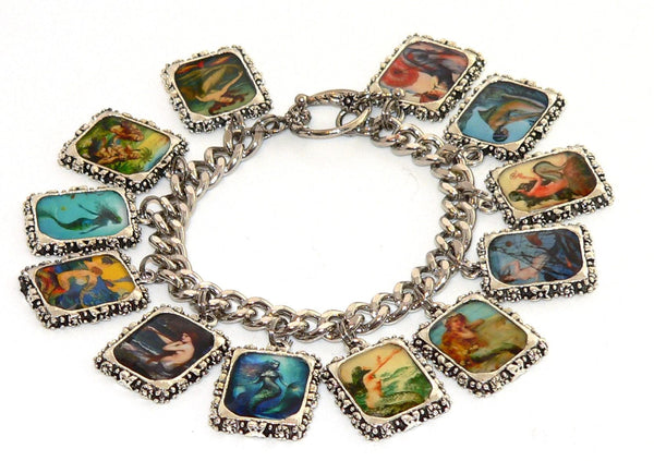Vintage Mermaid Charm Bracelet with Artisan Deco Art Mermaid Altered Art Bracelet Mermaid Gifts For Her