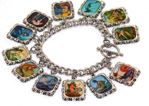 Vintage Mermaid Charm Bracelet with Artisan Deco Art Mermaid Altered Art Bracelet Mermaid Gifts For Her