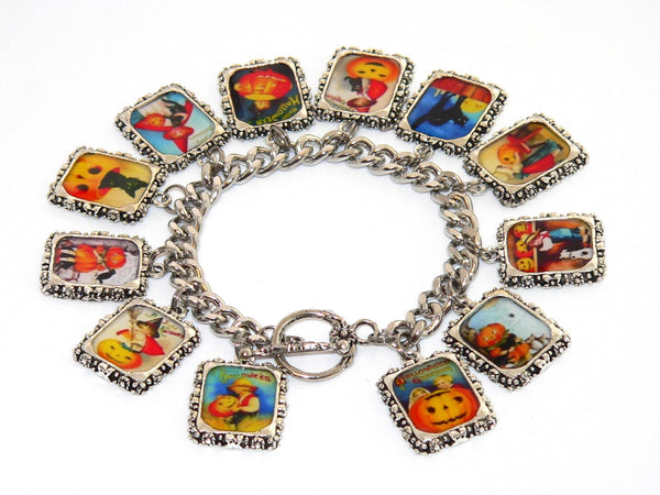 Vintage Halloween Bracelet Halloween Charm Jewelry for Her with Vintage Altered Art Halloween Bracelet Artisan Postcards