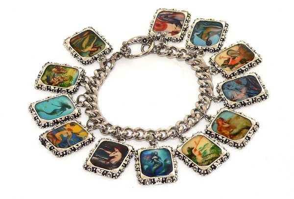 Vintage Mermaid Charm Bracelet with Artisan Deco Art Mermaid Altered Art Bracelet Mermaid Gifts For Her