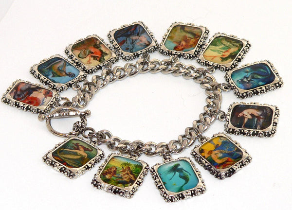 Vintage Mermaid Charm Bracelet with Artisan Deco Art Mermaid Altered Art Bracelet Mermaid Gifts For Her