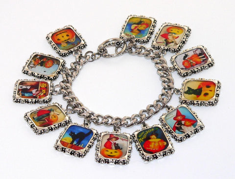 Vintage Halloween Bracelet Halloween Charm Jewelry for Her with Vintage Altered Art Halloween Bracelet Artisan Postcards