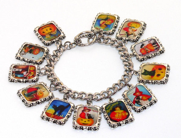 Vintage Halloween Bracelet Halloween Charm Jewelry for Her with Vintage Altered Art Halloween Bracelet Artisan Postcards