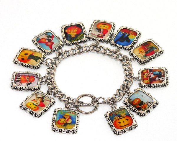 Vintage Halloween Bracelet Halloween Charm Jewelry for Her with Vintage Altered Art Halloween Bracelet Artisan Postcards