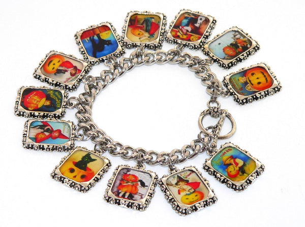 Vintage Halloween Bracelet Halloween Charm Jewelry for Her with Vintage Altered Art Halloween Bracelet Artisan Postcards