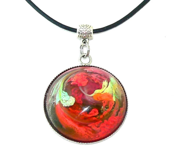 Orange Yellow Resin Petri Pendant: Feathered Boho Jewelry with Abstract Art Design