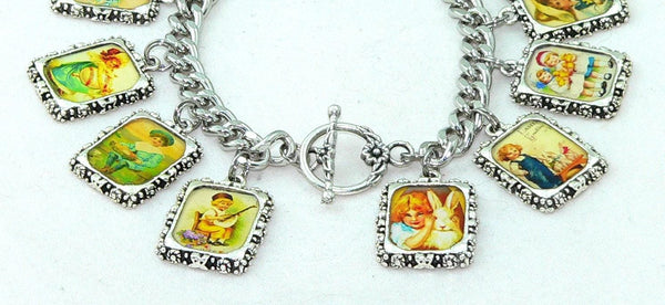 Vintage Easter Charm Bracelet: Unique Handmade Altered Art Jewelry for Spring Holiday Gifting