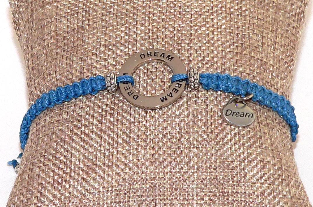 Handmade Blue Macrame Dream Affirmation Bracelet | Boho Style Jewelry | Positive Vibes & Handmade Gift Idea