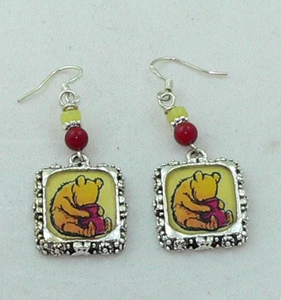Classic Winnie the Pooh Earrings: Disney-Inspired Coral & Jasper Bead Jewelry for Collectors