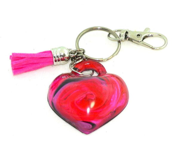 Heart Resin Keychain with Abstract Red & Pink Art – Vibrant Petri Purse Charm Accessory Gift