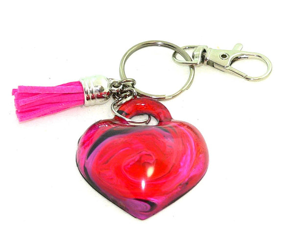 Heart Resin Keychain with Abstract Red & Pink Art – Vibrant Petri Purse Charm Accessory Gift