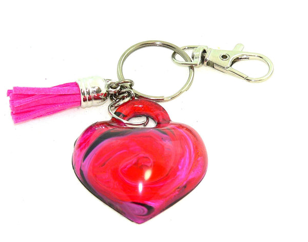 Heart Resin Keychain with Abstract Red & Pink Art – Vibrant Petri Purse Charm Accessory Gift