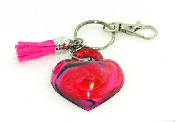 Heart Resin Keychain with Abstract Red & Pink Art – Vibrant Petri Purse Charm Accessory Gift
