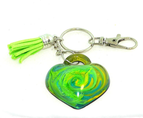 Vibrant Abstract Heart Keychain: Resin Petri Art Purse Charm - Colorful Accessory Gift Green Turquoise Yellow