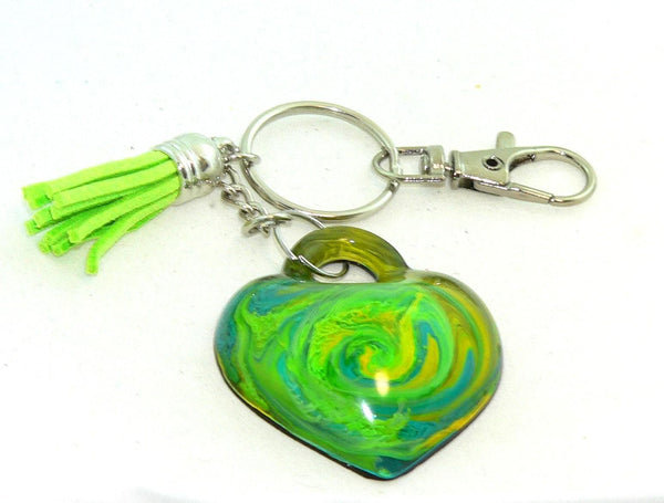 Vibrant Abstract Heart Keychain: Resin Petri Art Purse Charm - Colorful Accessory Gift Green Turquoise Yellow
