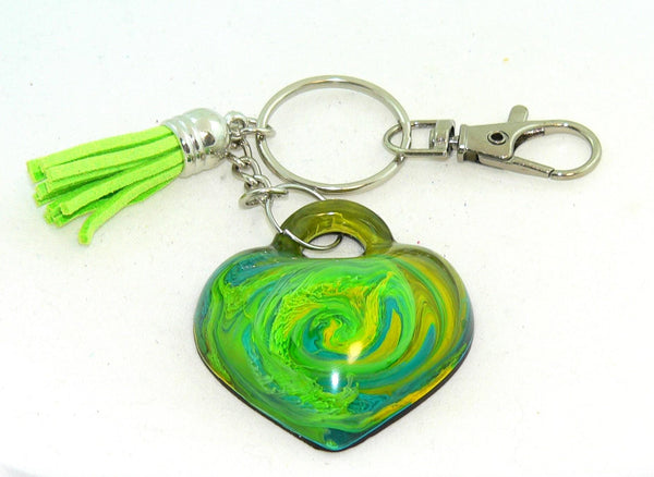 Vibrant Abstract Heart Keychain: Resin Petri Art Purse Charm - Colorful Accessory Gift Green Turquoise Yellow