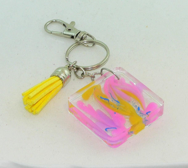 Pastel Pink Yellow Square Resin Keychain Purse Bag Clip