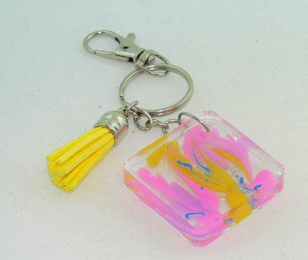 Pastel Pink Yellow Square Resin Keychain Purse Bag Clip