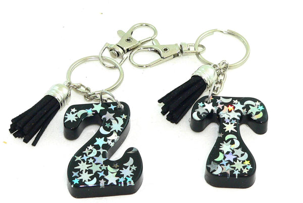 Custom Resin Initial Moon Stars Holographic Confetti KeyChain Purse Charm Backpack Charm
