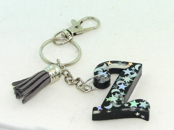 Custom Resin Initial Moon Stars Holographic Confetti KeyChain Purse Charm Backpack Charm