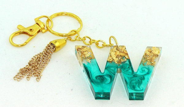 Personalized Teal Metallic Foil Initial Resin Keychain: Elegant Bag Charm for Purses & Backpacks