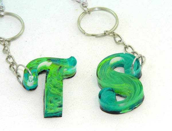 Personalized Turquoise Swirled Resin Petri Keychain with Initial Charm for Bags & Accessories
