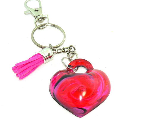 Heart Resin Keychain with Abstract Red & Pink Art – Vibrant Petri Purse Charm Accessory Gift