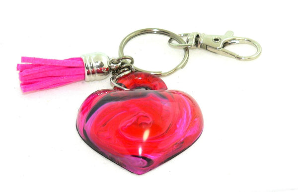 Heart Resin Keychain with Abstract Red & Pink Art – Vibrant Petri Purse Charm Accessory Gift
