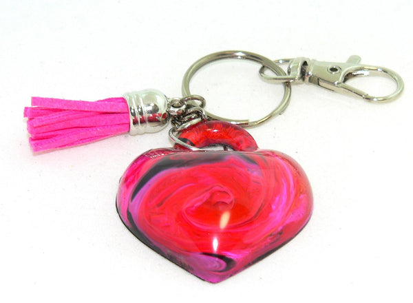 Heart Resin Keychain with Abstract Red & Pink Art – Vibrant Petri Purse Charm Accessory Gift