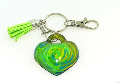 Vibrant Abstract Heart Keychain: Resin Petri Art Purse Charm - Colorful Accessory Gift Green Turquoise Yellow