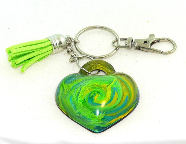 Vibrant Abstract Heart Keychain: Resin Petri Art Purse Charm - Colorful Accessory Gift Green Turquoise Yellow
