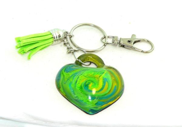 Vibrant Abstract Heart Keychain: Resin Petri Art Purse Charm - Colorful Accessory Gift Green Turquoise Yellow
