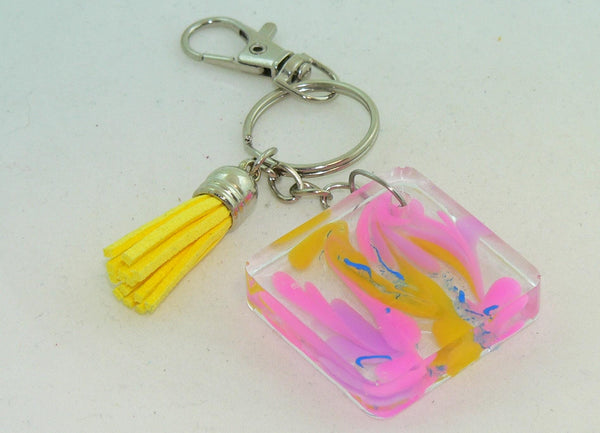 Pastel Pink Yellow Square Resin Keychain Purse Bag Clip