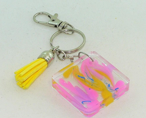 Pastel Pink Yellow Square Resin Keychain Purse Bag Clip