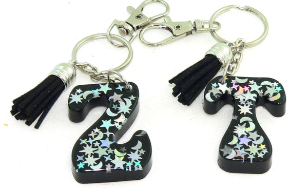 Custom Resin Initial Moon Stars Holographic Confetti KeyChain Purse Charm Backpack Charm
