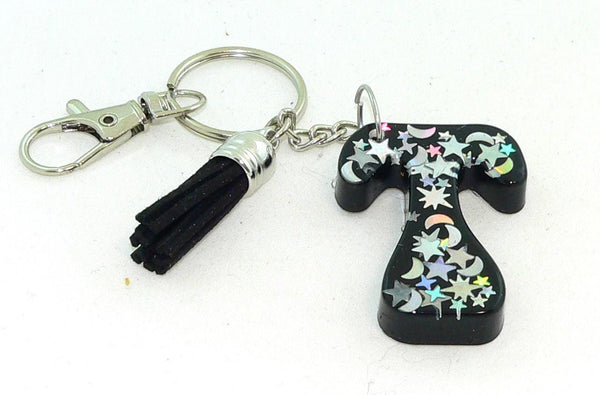 Custom Resin Initial Moon Stars Holographic Confetti KeyChain Purse Charm Backpack Charm