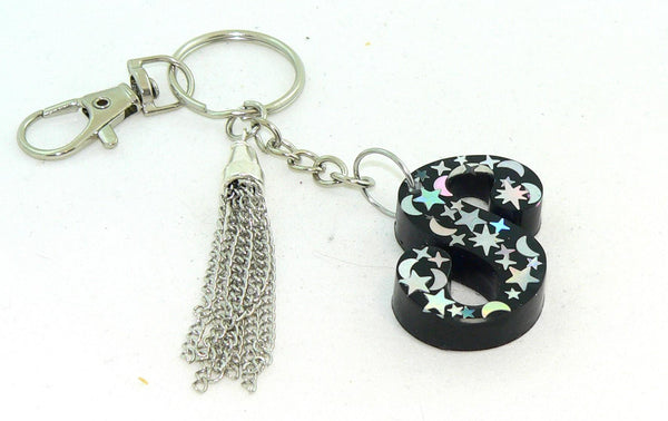 Custom Resin Initial Moon Stars Holographic Confetti KeyChain Purse Charm Backpack Charm